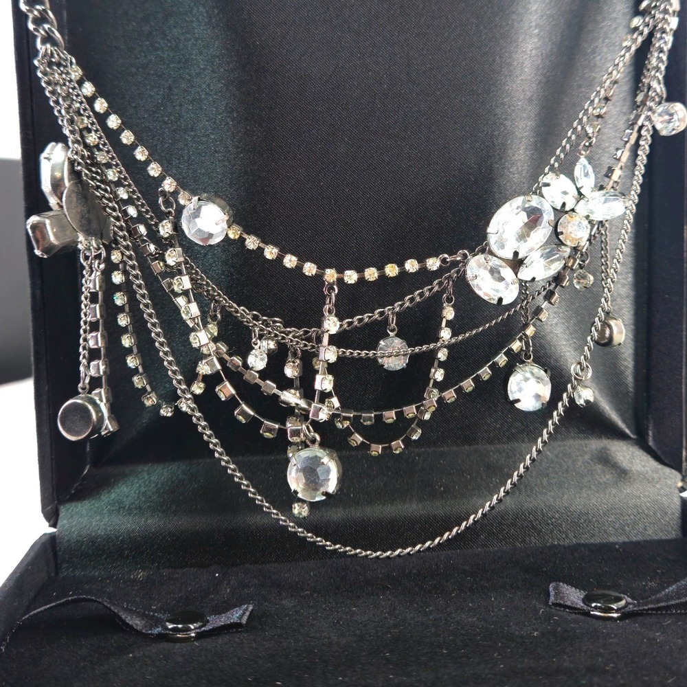 Gunmetal Multi Strand Rhinestone Statement Bib Necklace Clear‎ Crystal Dangle